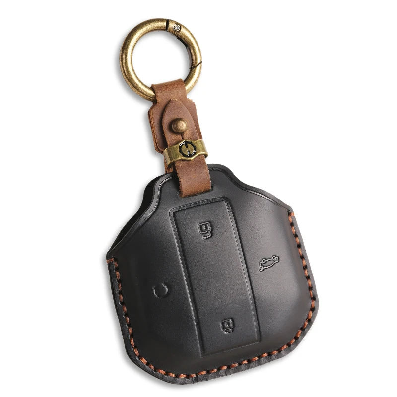Handmade Leather Key Cover for JETOUR Traveler T2/X70/X90 - Orange Stitch W/Dual Metal Rings & Lock/Unlock/Trunk Cutouts