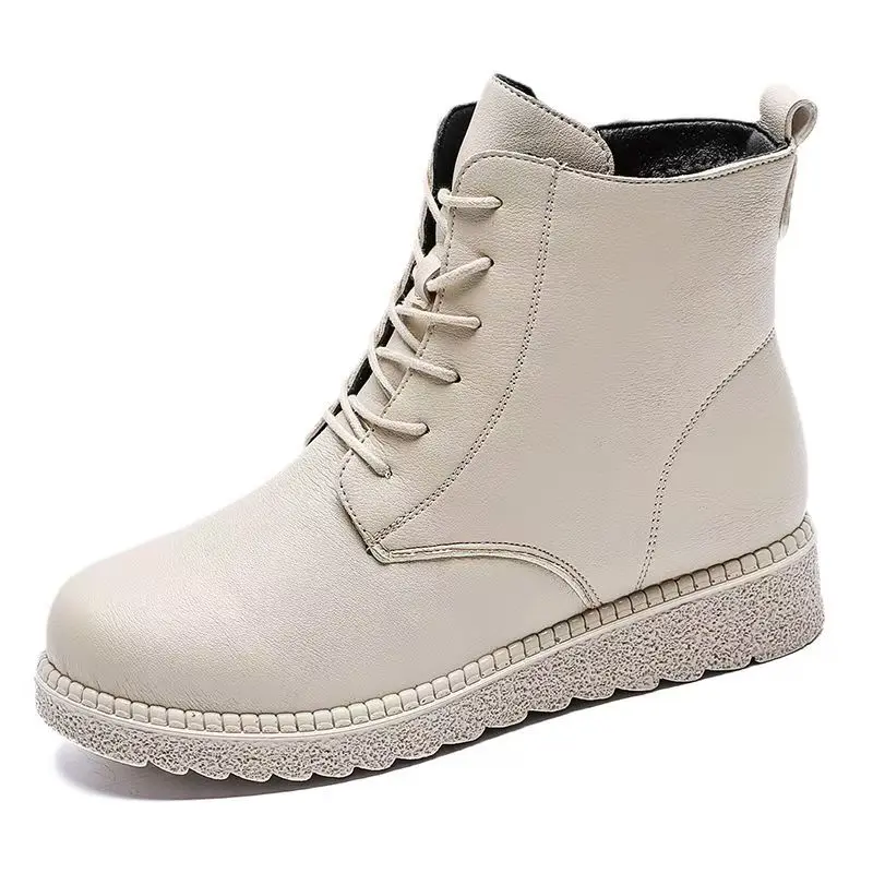 Women Winter New Flat sole Lace Up Ankle Cotton Boot Soft sole Round Toe High Top Plush Keep Warm Big Size Outdoor Work Boots