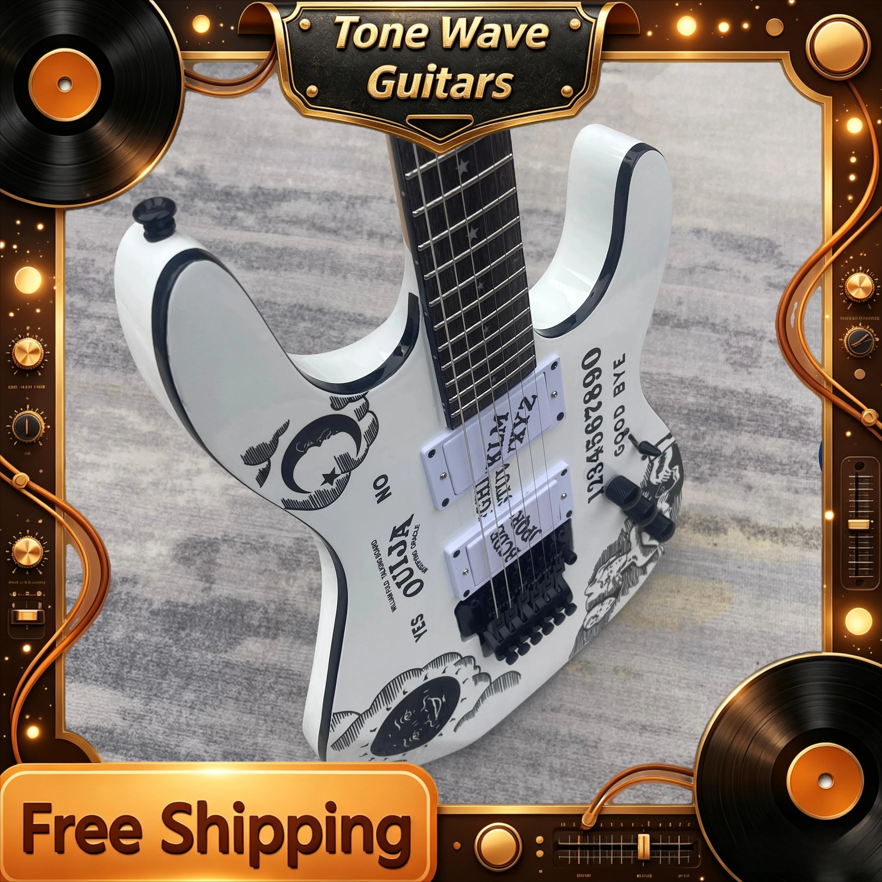 2026 Tongling Board Black White Print Double Rocking Electric Guitar Star Moon Moon Alien Product Record  Quality Assurance Gift