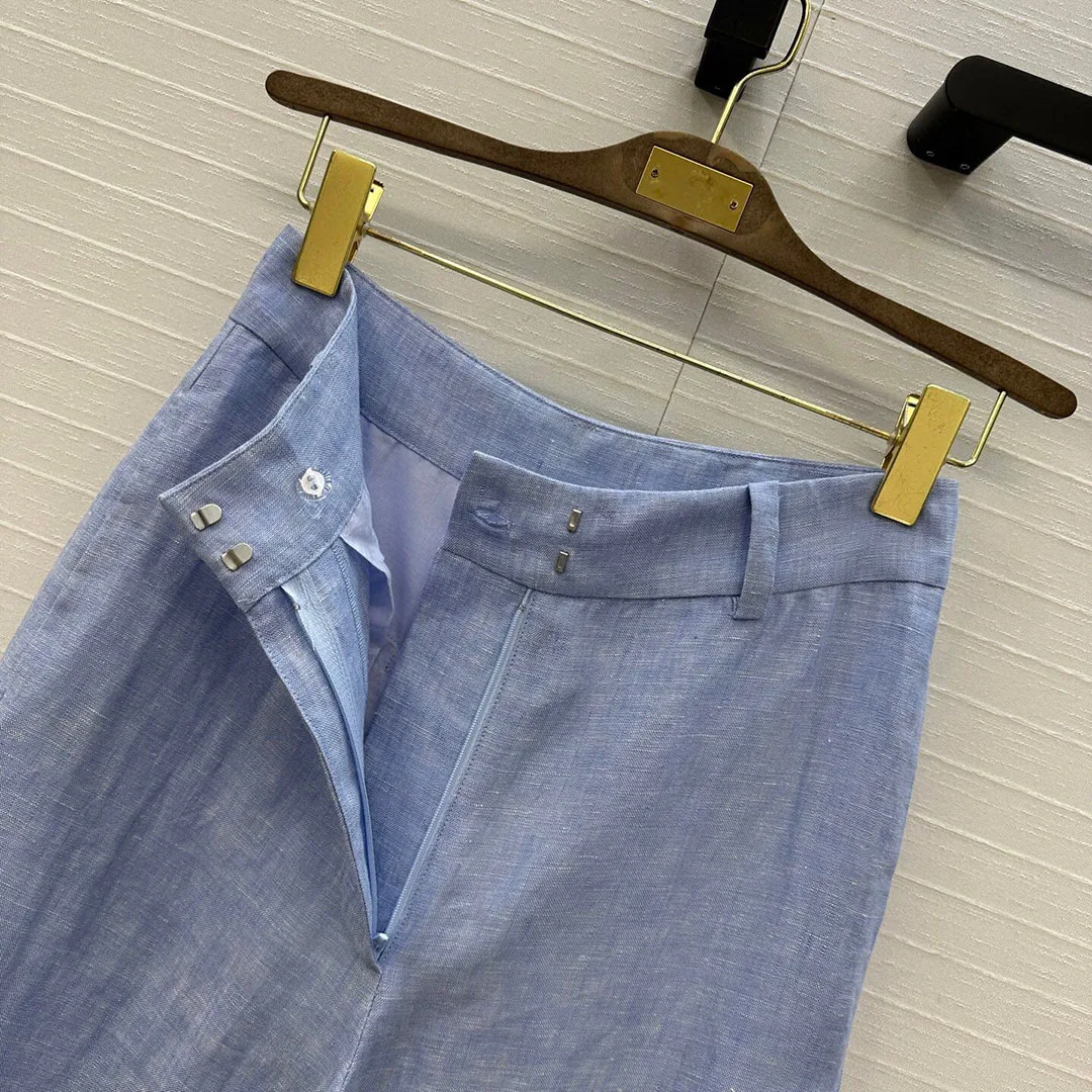 High Quality Old Money Style 100% Linen Wide Leg Suit Pants Women High Waist Blue Color Elegant Office Lady Loose Long Trousers