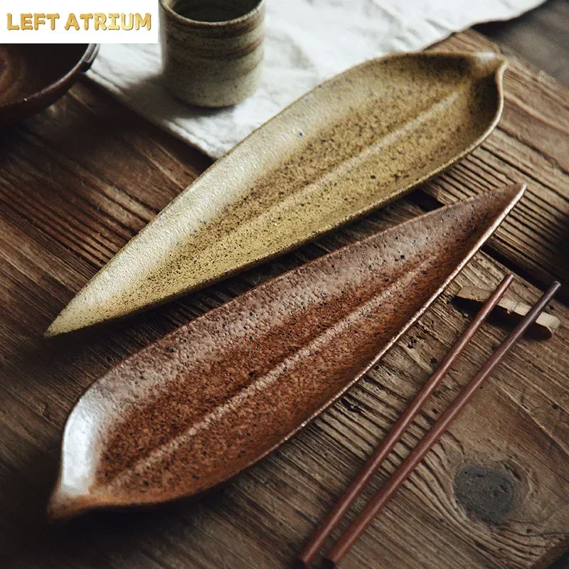 Vintage Leaf Shaped Ceramic Plate Creative Sushi Plate Fish Plate Dessert Dish Long Strip Plates Molecular Cuisine Tableware