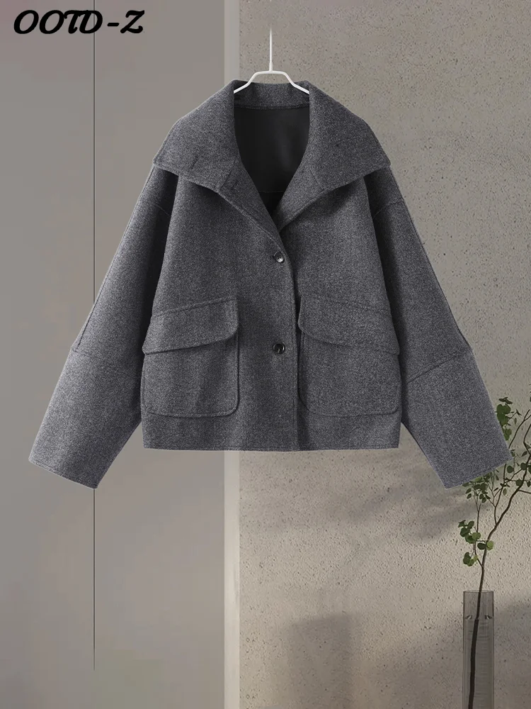 2025 Autumn Single Breasted Pocket Coats Fashion Women Oversize Stand Collar Wool Blend Jacket Casual New Lady Outerwear Street