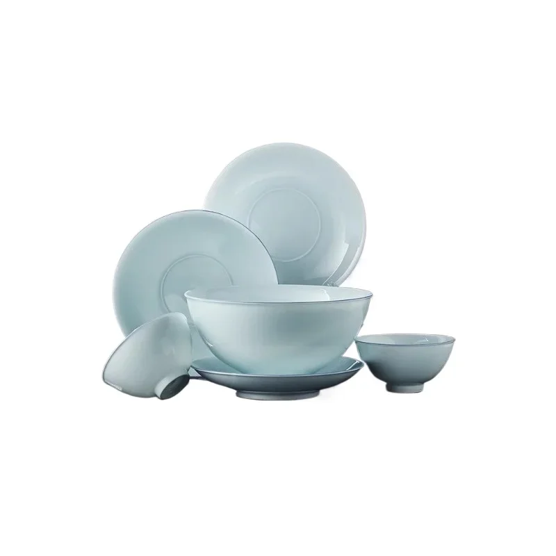 Ceramic tableware set Shadow cyan glaze rice bowl noodle bowl soup bowl dinner plate simple style tableware set