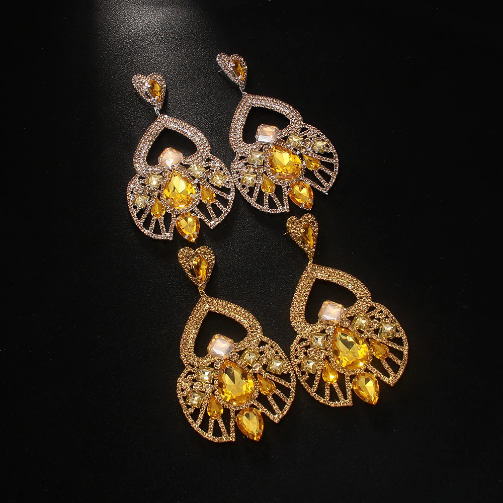 Exaggerated Hollow Crystal Dangle Earrings for Drag Queen Handmade Fashion Oversize Rhinestone Hanging Earrings Piercing Party