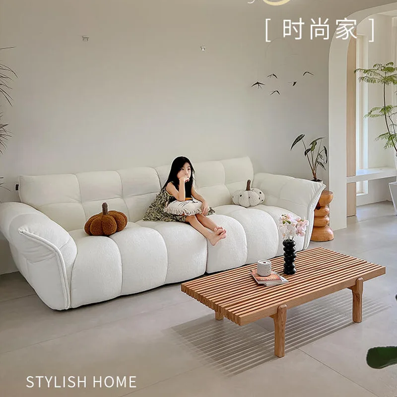 

French cream style fabric sofa designer petal shape double sofa lamb wool cloud leisure sofa