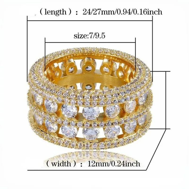 Iced Out Multi Layer Hollow Eternity Ring Micro Pave CZ Stone Gold Plated Wide Band Hip Hop Statement Ring For Men Women Bling