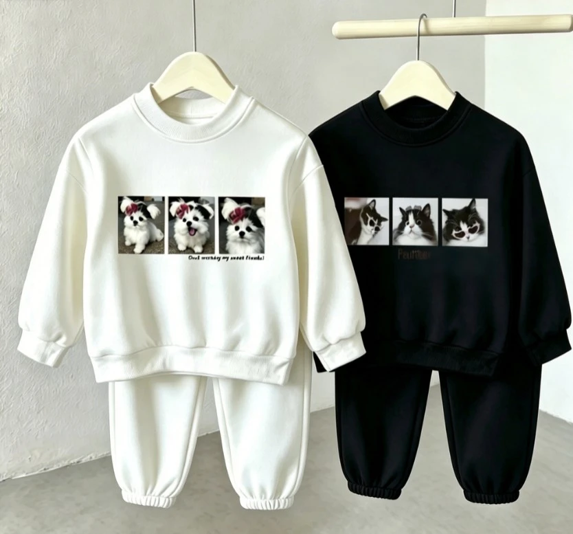 Baby Cute Pet Portrait Tracksuit Set Kid Cotton Long Sleeve Sweatshirt Top With Cuffed Jogger Bottoms Baby Boys Girls Clothing