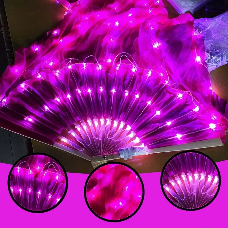 Women LED Belly Dance Silk Fan Veils 180cm Belly Dance LED Silk Fan Dance Performance Props Colorful Luminous Silk Fans