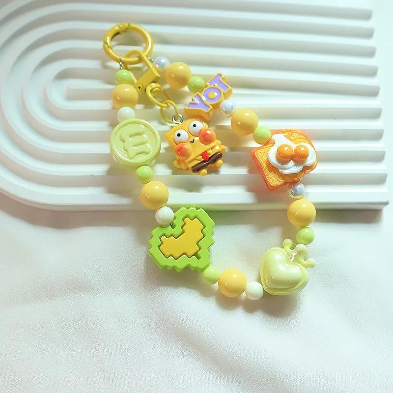 Kawaii SpongeBob Key Chains Cartoon Figure Phone Pendant Decorations Beaded Bracelet Jewelry Keychains Backpack Accessories Gift