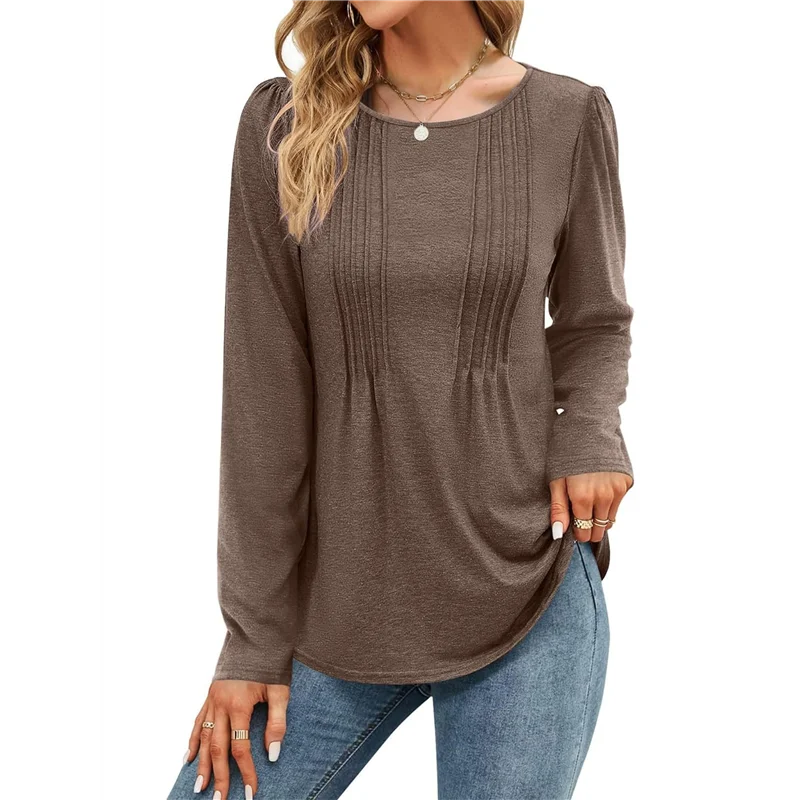 

AG-Women's Puff Long Sleeve Pleated Crew Neck Fall Tunic Tops Blouse Dressy Casual Loose Summer T-Shirts