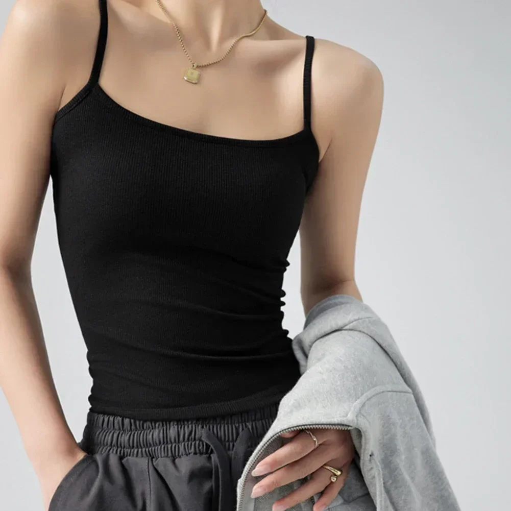 

Black Ribbed Camisole Underwear Casual Inner Wear High Stretch Fabric Holiday Wear Regular Length Round Neck Design