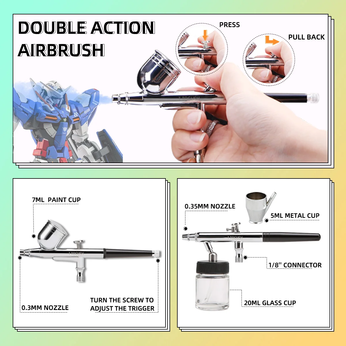 OPHIR Airbrushes Compressor with 3L Tank with 2 Airbrush and 15 Colors Airbrush Paint Set for Model Painting Hobby Craft BP025