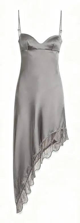 Women Lace Trim Cami Dress Slim Solid V Neck Spaghetti Strap Asymmetrical Babydoll Dress for Daily Party