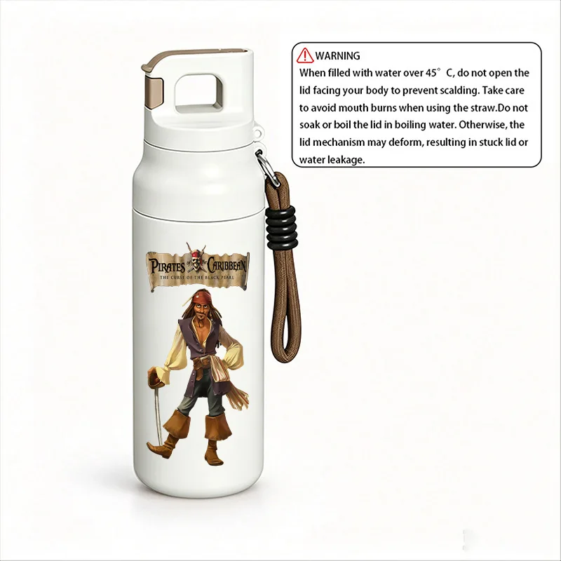 Pirates of The Caribbean 580ml Vacuum Insulated Water Bottle StainlessSteel Thermos with Lanyard Leakproof Tumbler Movie FanGift