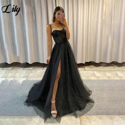 Lily Glitter Net Black Prom Dress Spaghetti Strap Side Split Party Dress Appliques Sweetheart فساتين السهرة A Line Evening Gown