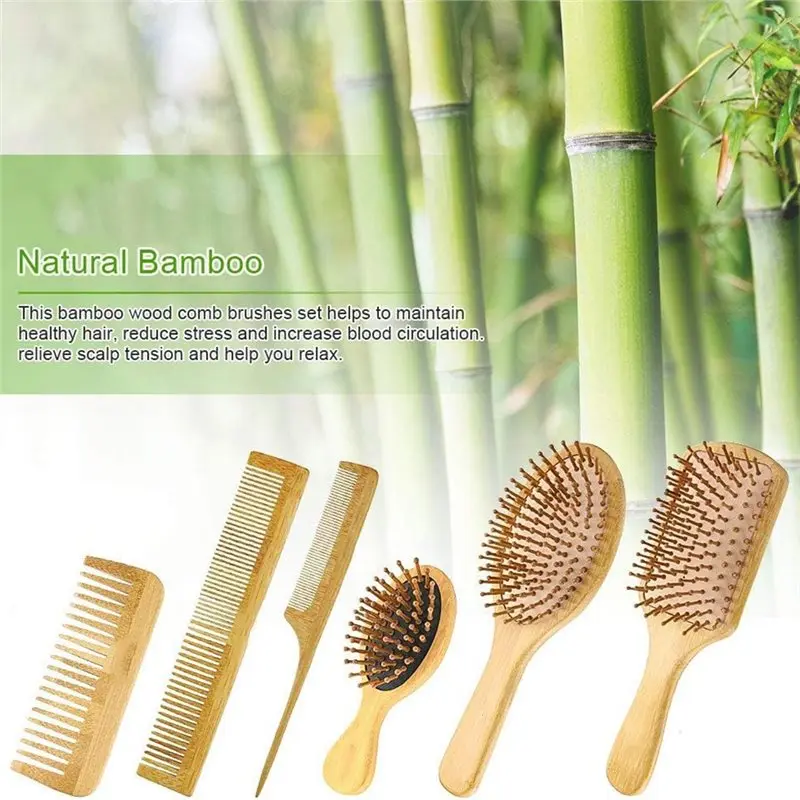 【PROMOTION】Hair Loss Massage Brush Hairbrush Comb 6PC Set Wood Comb Healthy Paddle Cushion Scalp Hair Care Healthy Bamboo Comb 5