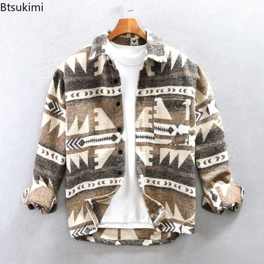 

New Men's Long Sleeve Casual Shirts Vintage Single Breasted Lapel Shirt Jacket Autumn Winter Fashion Streetwear Male Shirt Coats
