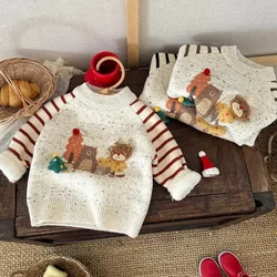 Boys Sweater Thickened One-piece Velvet Round Neck Striped Cartoon Children's Sweater Knitted Top Autumn and Winter Warmth