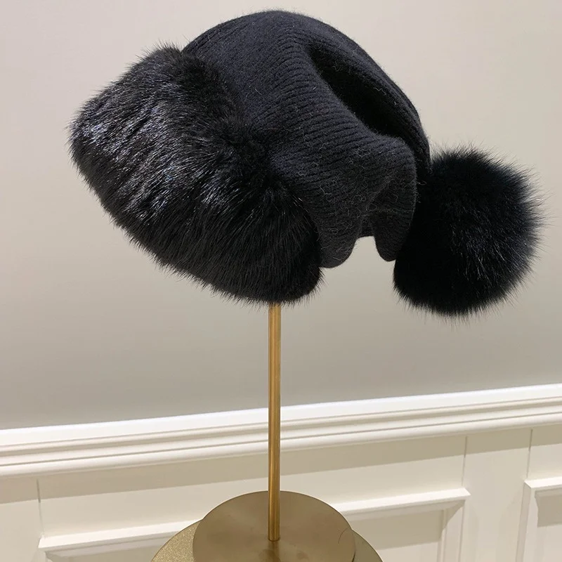 Women's Winter Casual Fur Hat Luxury Mink Fur Thermal Hat Fox Fur Ball Embellished Large Stretch Plush Ear Protection Hat