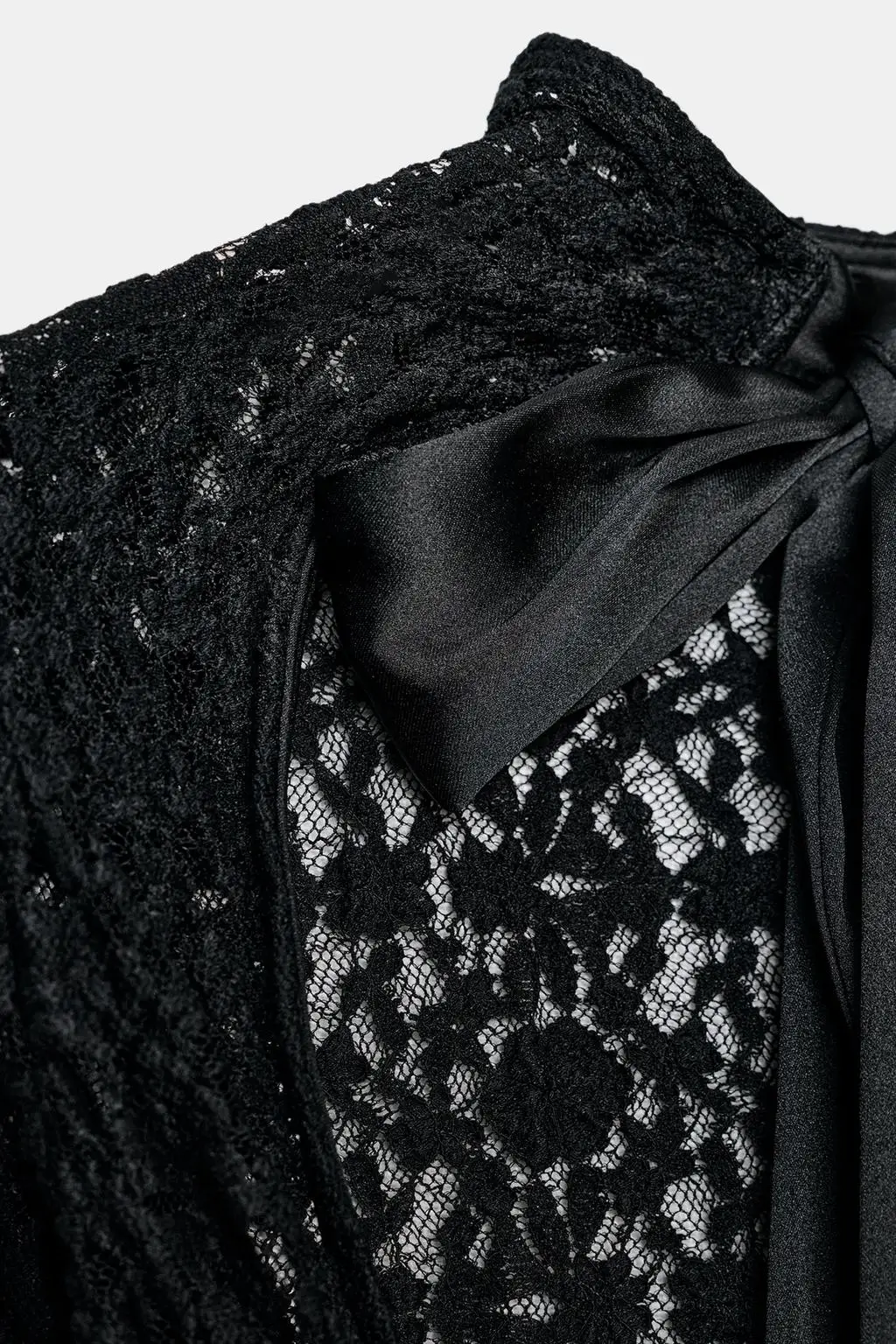 여성용 새틴 리본 레이스 바디수트 부드러운 레이스 조절 가능 라운드 넥 토널 새틴 타이 긴팔 노백 세미 시어 바디수트 새로운 여성 패션 의상