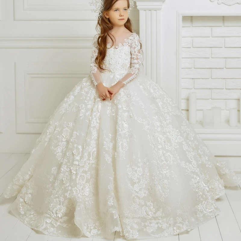 Vestidos de flores de marfil para niña, lujosos vestidos de encaje con apliques florales de manga larga para boda, fiesta de graduación, desfile