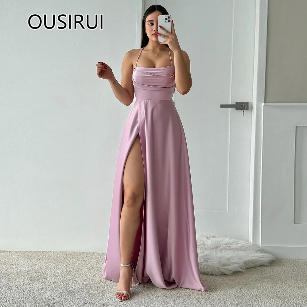 

OUSIRUI Modest Spaghetti Straps Satin Pleated Formal Evening Dress A-line Side Slit Court Backless Evening Gown robe de mariée