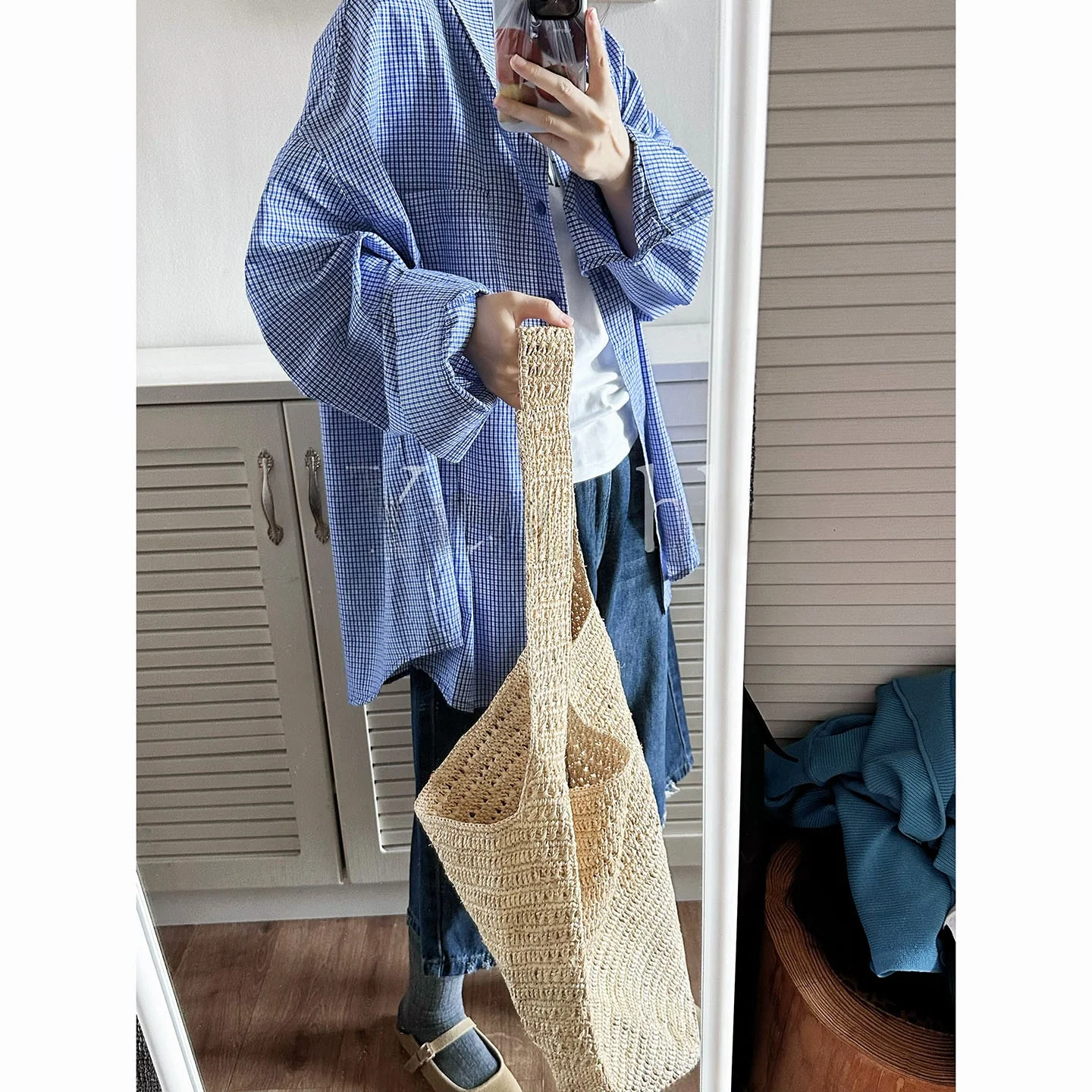 

Loose Fit Korean Style Cotton Shirt YESRABBIT Blue Plaid Long Sleeve Slimming Effect Spring 2026 Women's Fashion Casual Shirt