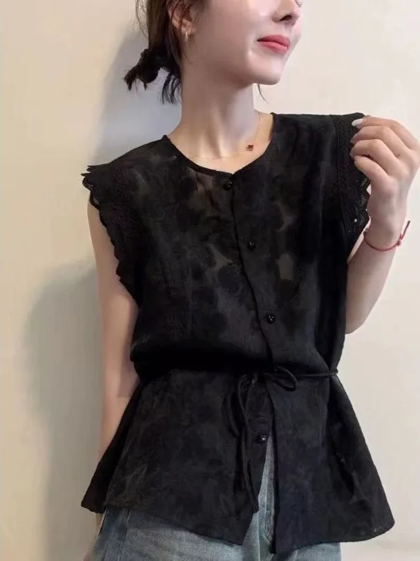 

Bla Bow-Tie Svel irt Women's Faionable Summer New Arrival round Ne Tie Waist Top Korean Sle Thin Material