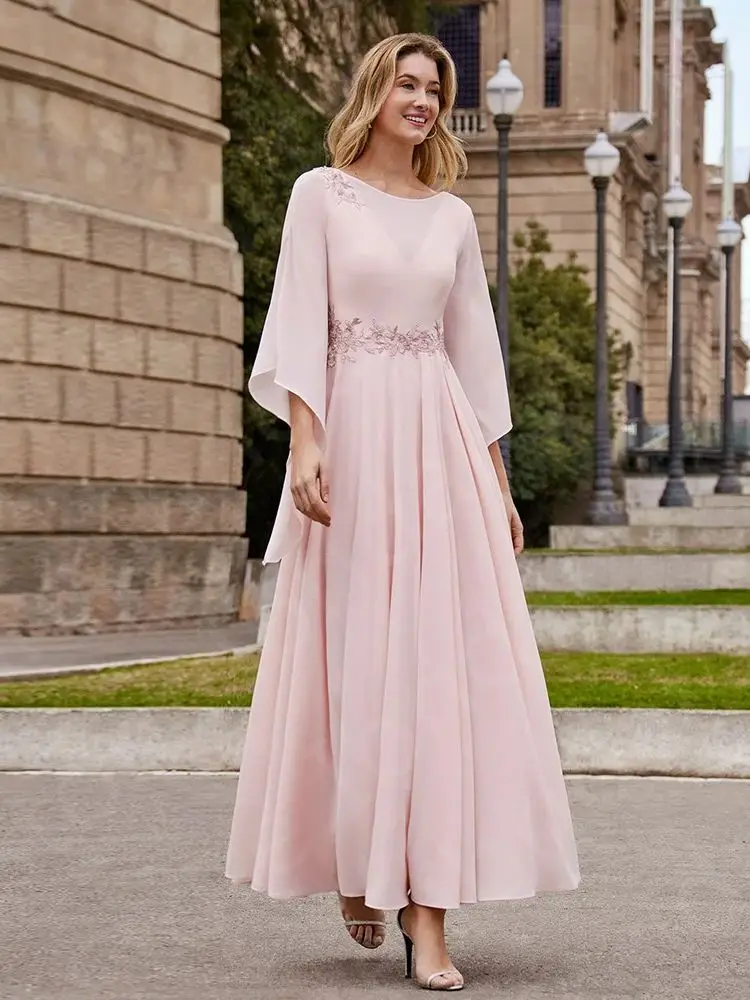 Latest Charming Pink Mother Gowns Chiffon Mother of the Bride Dresses 2023 3/4 Sleeves Applique Wedding Guest Dress Ankle Length