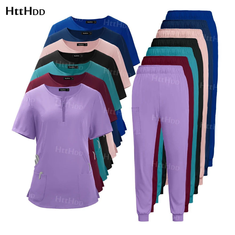 Multicolor Scrubs Uniform Short Sleeve Tops+Pants Scrub Set Women Pet Shop Doctor Scrub Medical Surgery Workwear Nursing Uniform