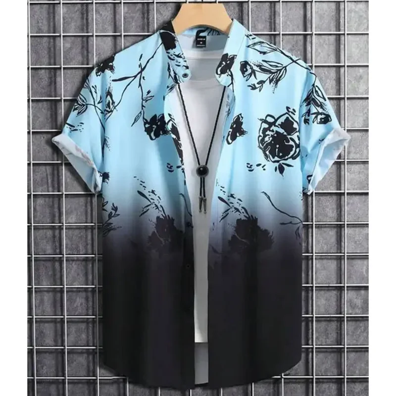 Camisa de gradiente flor masculina com estampa 3D, casual vintage streetwear, camisa manga curta, blusa, roupa masculina, moda verão