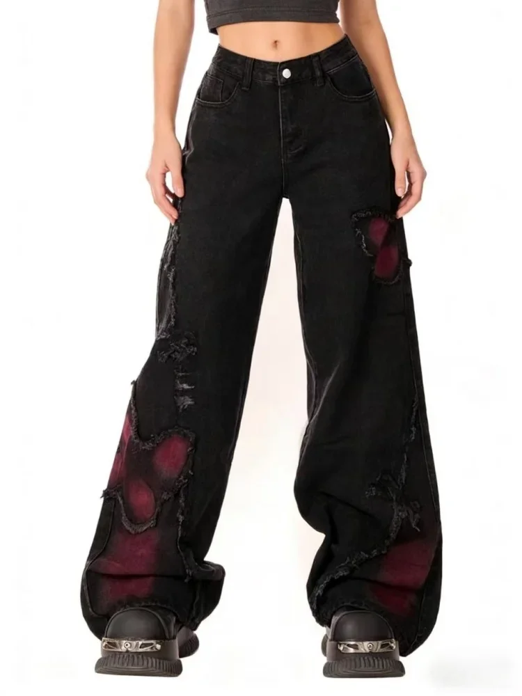 Washed Cotton Embroidered Butterfly Patchwork Straight Leg Jeans High Waist Long Pants Women's Fashion Trend Autumn Design Sense