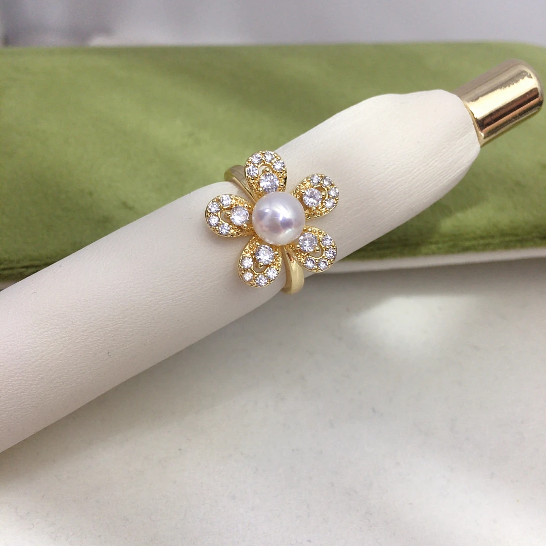 Natural Freshwater Pearl Ring Fashionable Flower Design Classic Jewelry Micro Inlaid Zircon Adjustable Hand Jewelry For Women
