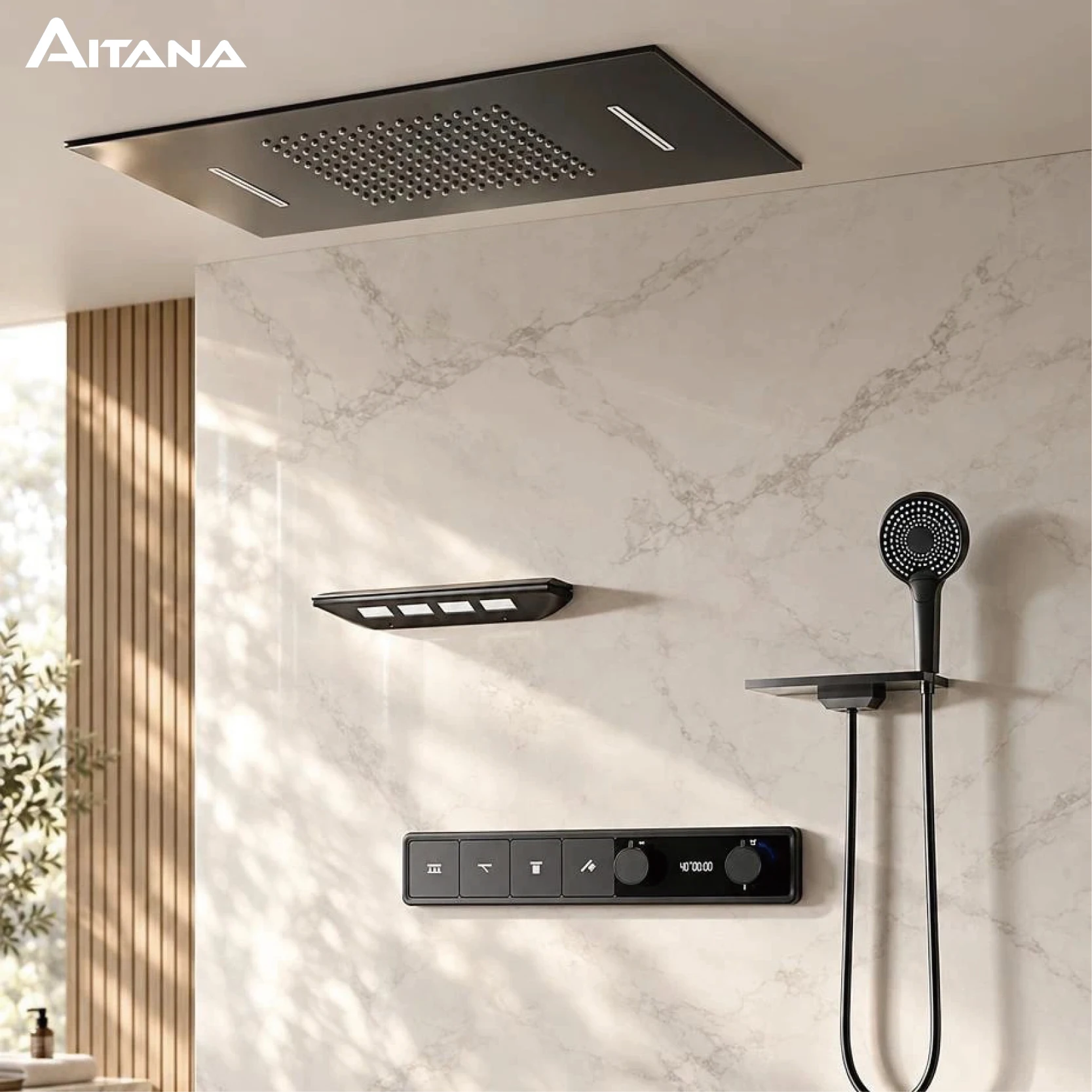 Gun Grey Ceiling Mounted Shower System Brass Thermostatic LED Display Hot Cold Water Bathroom Fixture With Tropical Shower