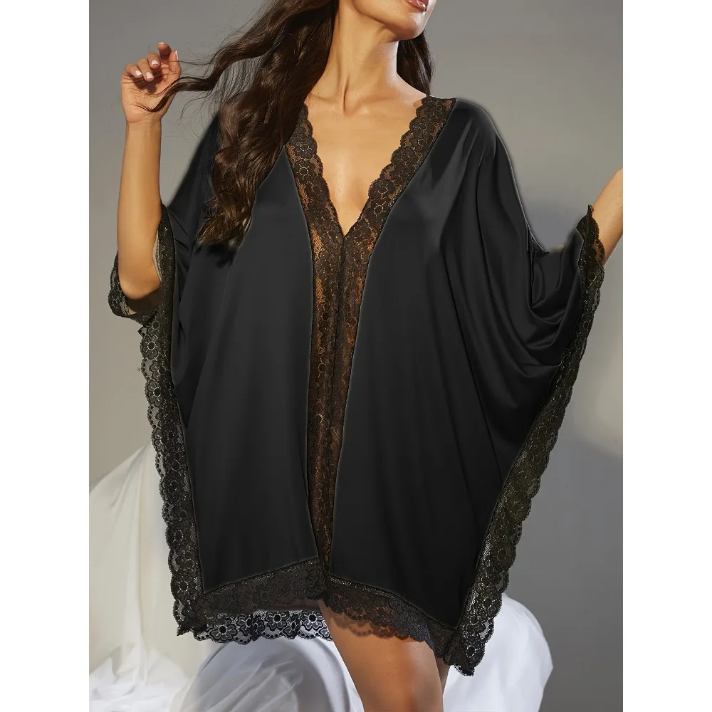 حجم كبير 1XL-5XL موضة فضفاضة فستان النوم عادية عميق الخامس فستان بأكمام قصيرة السيدات مثير الدانتيل بألواح منامة فستان