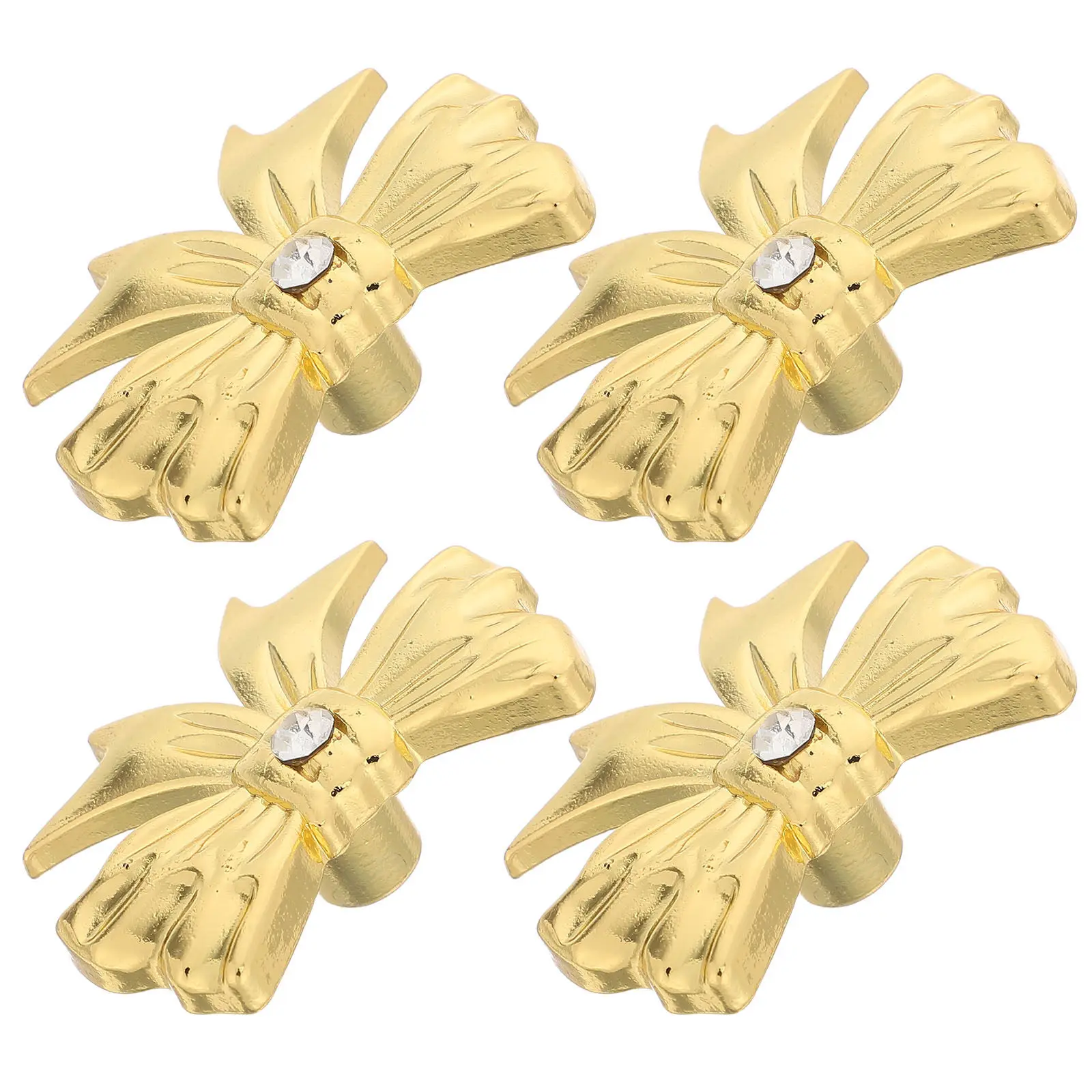 4Pcs Gold Bow Drawer Handles Decorative Bowknot Dresser Knobs Brushed Alloy Single Hole Kitchen Bedroom Cabinet Pulls Rhinestone