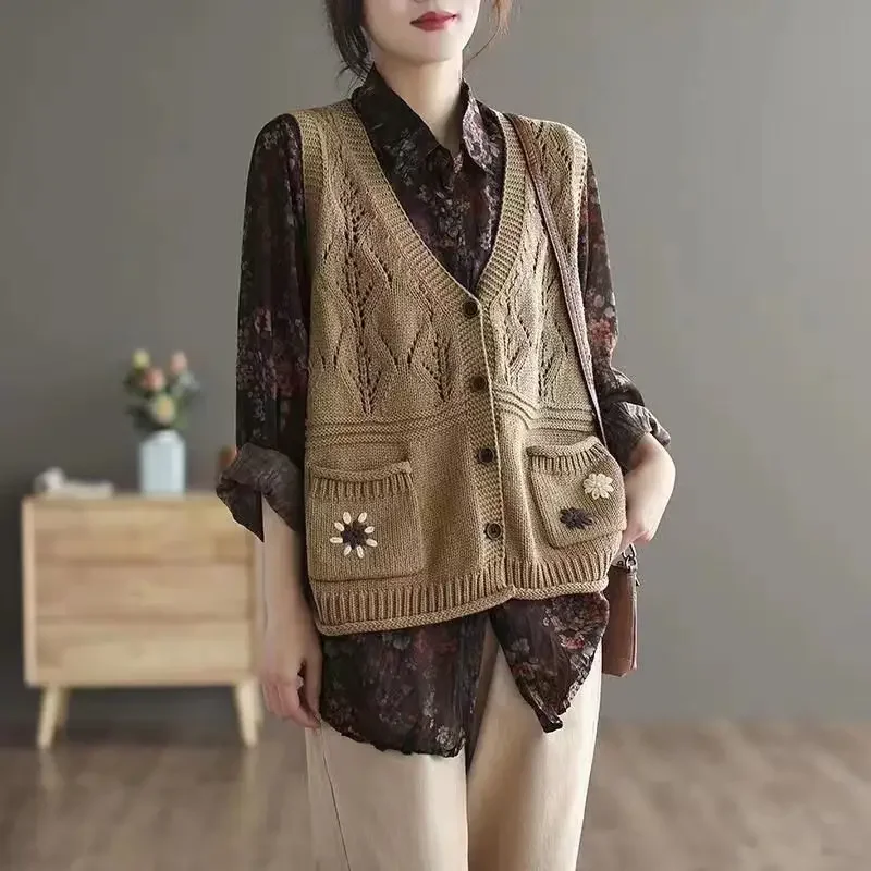 Knitted cardigan vest waistcoat summer and autumn embroidery pocket vintage art cut-out sleeveless cardigan sweater vest female