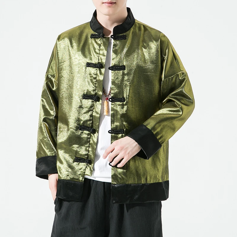 Jaket Hanfu Kerah Tegak Retro Warna Kontras Ukuran Besar untuk Pria, Pakaian Luar Musim Gugur, Model Panjang