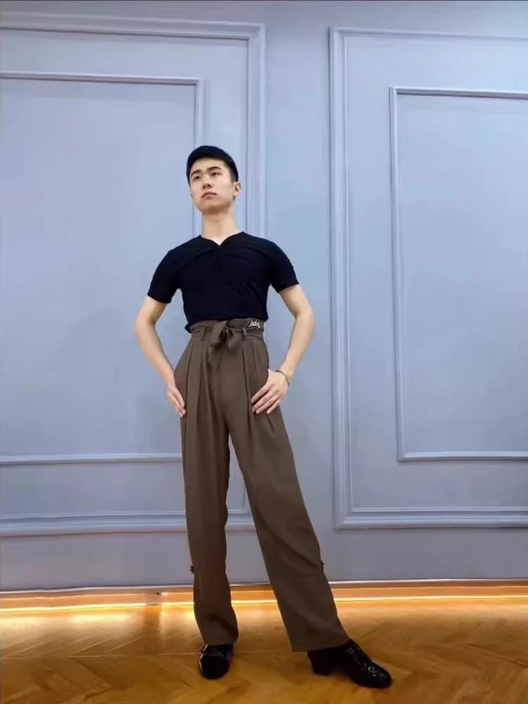 

Одежда для латинских танцев из Великобритании, мужские прямые брюки с высокой талией и завязкой спереди, профессиональные брюки для бальных танцев