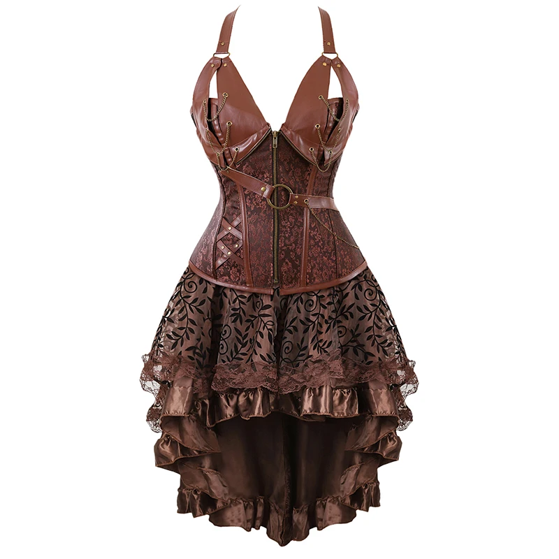 Gaun Korset Steampunk untuk Wanita Gaun Korset Kulit Faux Coklat Gaun Cosplay Ukuran Plus Kostum Bajak Laut dengan Lingerie Korset