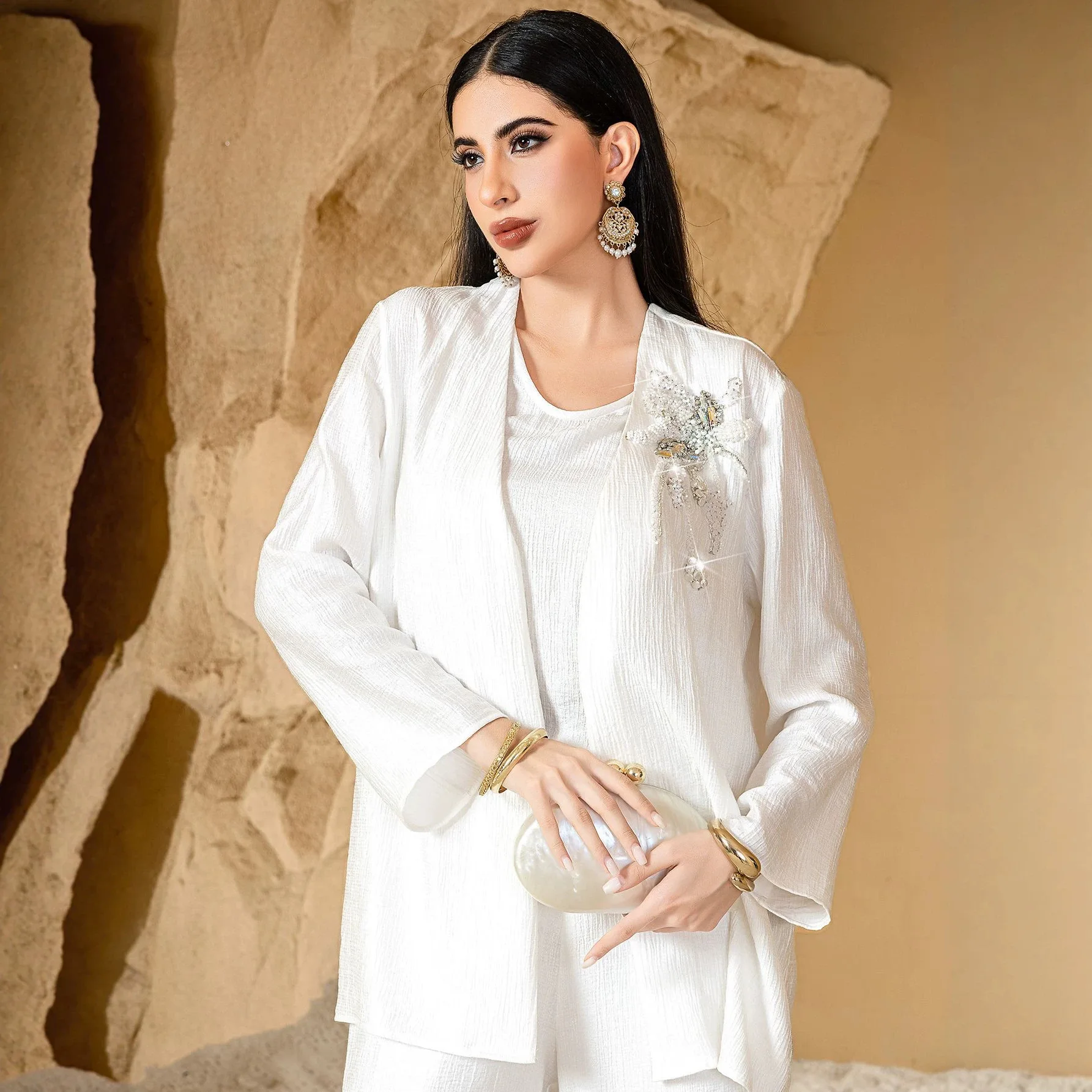 Eid 3 Piece Set Women Muslim Coat Top Pants Suit Cardigan T Shirt Trousers Ensemble Beading Dubai Arabic Ramadan Outfits 2026