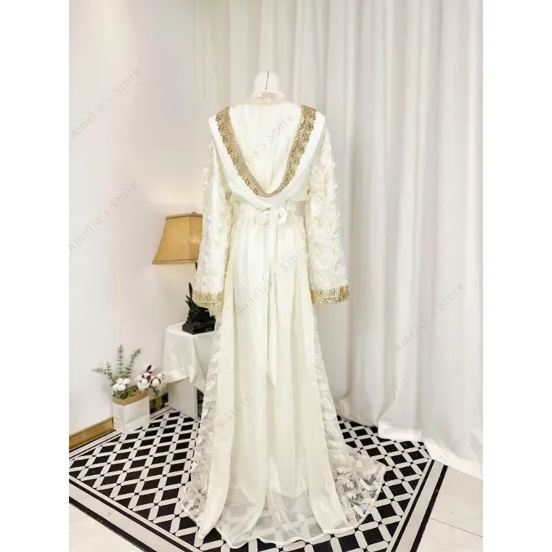 Feather Design Hooded Dubai Arabic Dress 2-Piece Set Embroidered Metallic Kaftan Middle Eastern Resort Wear Vacation Outfit