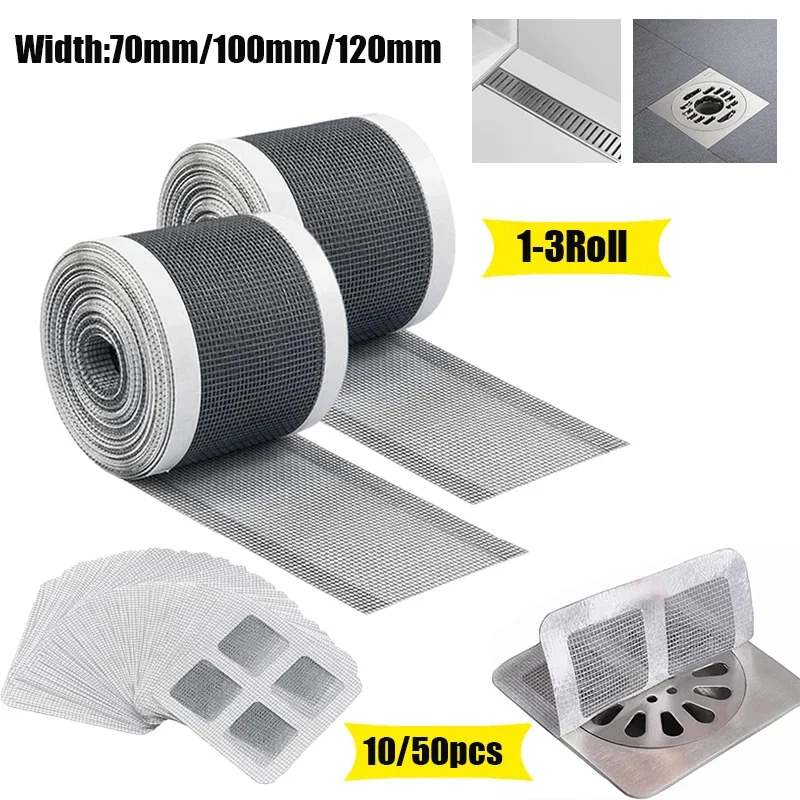 

1-3Roll Cuttable Shower Drain Hair Catcher Self-Adhesive Floor Drain Stickers Disposable Mesh Bathroom Kitchen Sink Hair Filter
