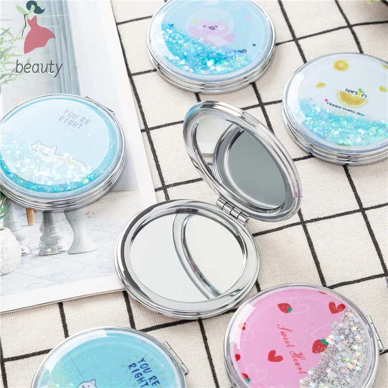 Portable Double-Sided Folding Cosmetic Mirror Female Gifts With Flowing Sparkling Sand Mini Makeup Mirror Compact Pocket Mirrors