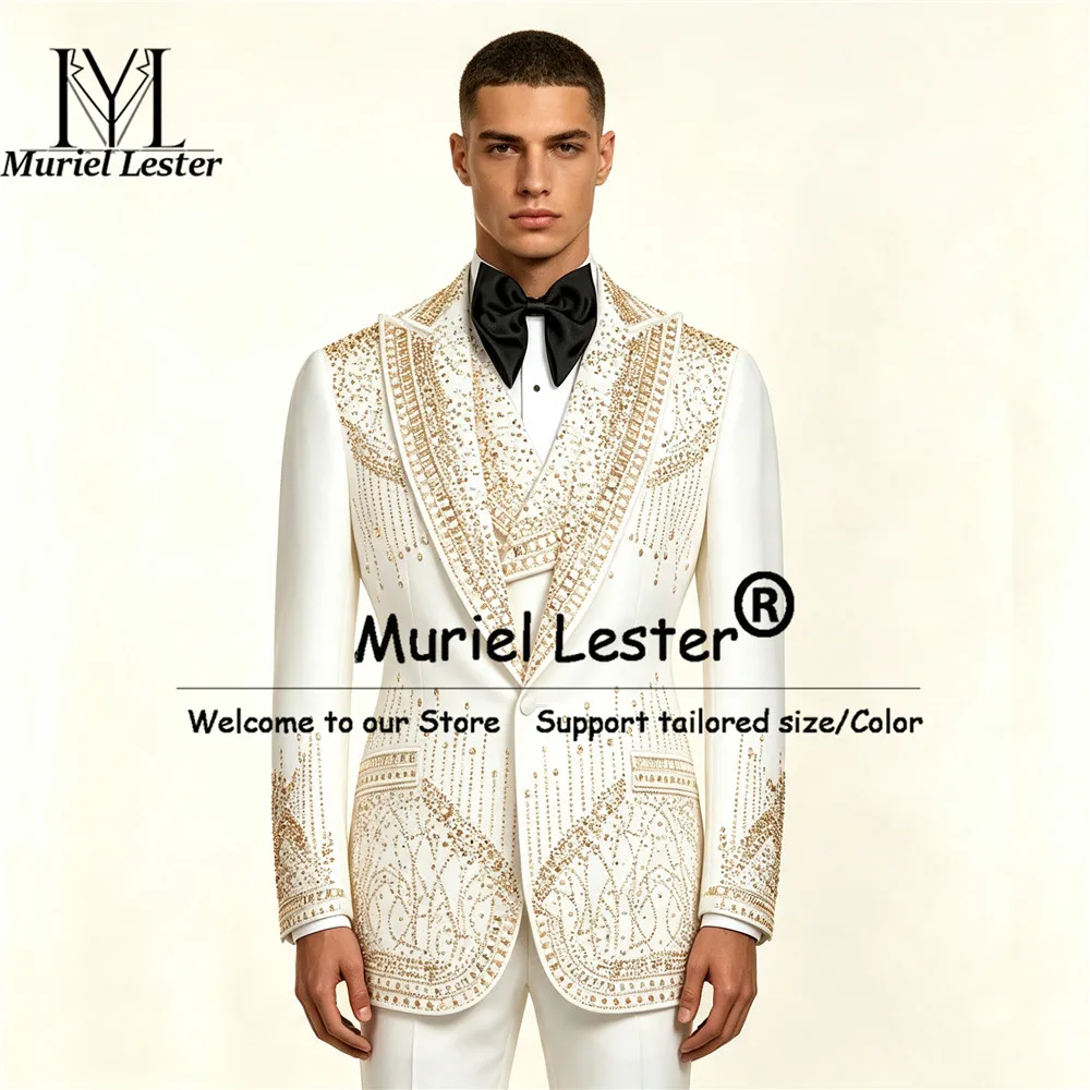 Luxury Men's Suits 3 Piece Set Metallic Jewelry Stones Ornament Prom Blazer Customized Groom Wedding Tuxedo Slim Fit Ropa Hombre