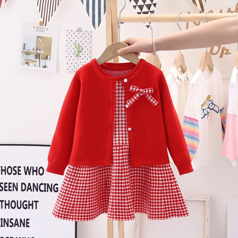 

Autumn Children's Baby Sweater Knitting Long Sleeve Dress Christmas Day Party Girl's Plaid Sweater Coat Plaid Vest Suit Dress