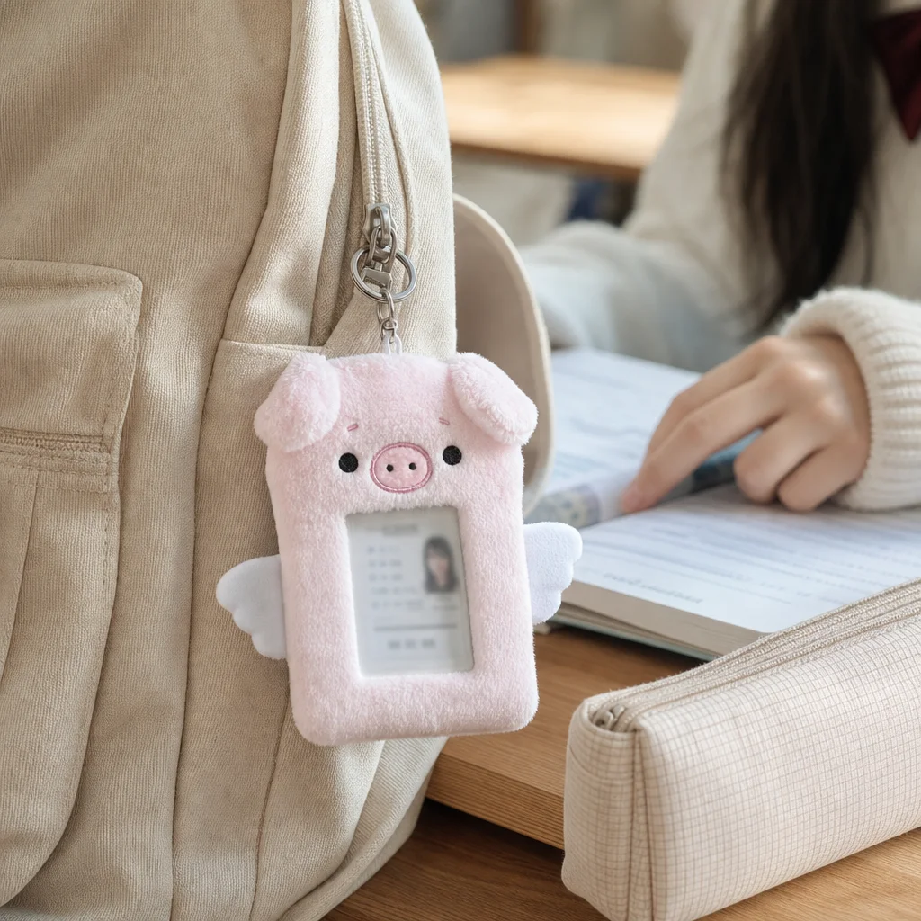 Plush Angel Pig Card Holder 3 Inch Soft Fuzzy PVC Window Student ID Bus Card Protective Case with Metal Ring
