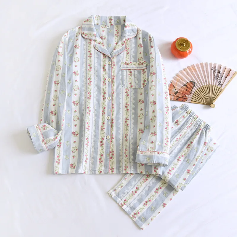 2026 Neues Japanisches Damen-Pyjama-Set aus 100% Baumwollgaze, Langarm, Lange Hose, Zweiteiliges Set, Frisch und Süß, Dünne Hauskleidung – Detail 2
