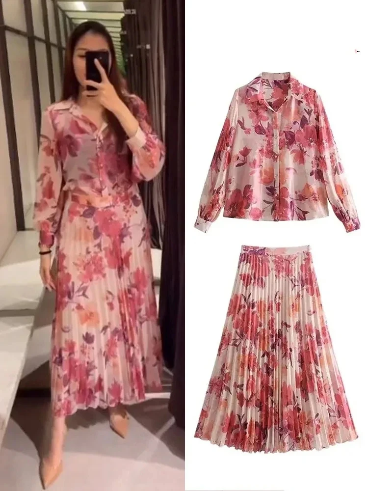 

Printed Skirts Two Piece Sets Long Sleeve Button up Shirts Blouse Shirts+ A-Line High Waist Long Skirt Set 2 Pcs Womens Outifits