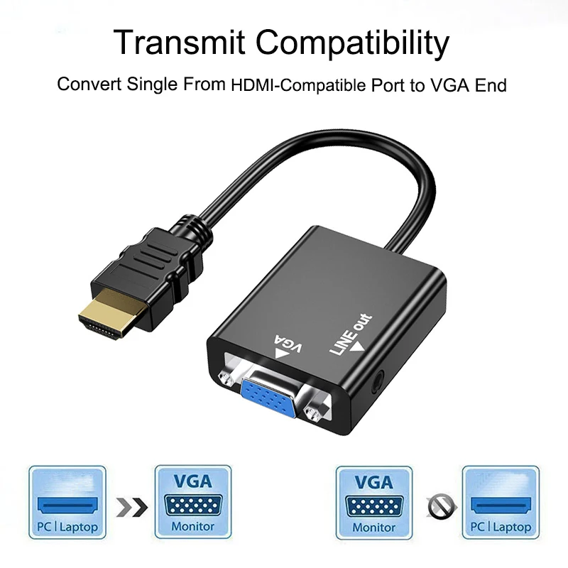 HDMI-Compatible 1.4 TO VGA Adapter With 3.5mm Audio HDTV Male To VGA Female Converter Port HDTV To VGA Output 1080P HDTV Video